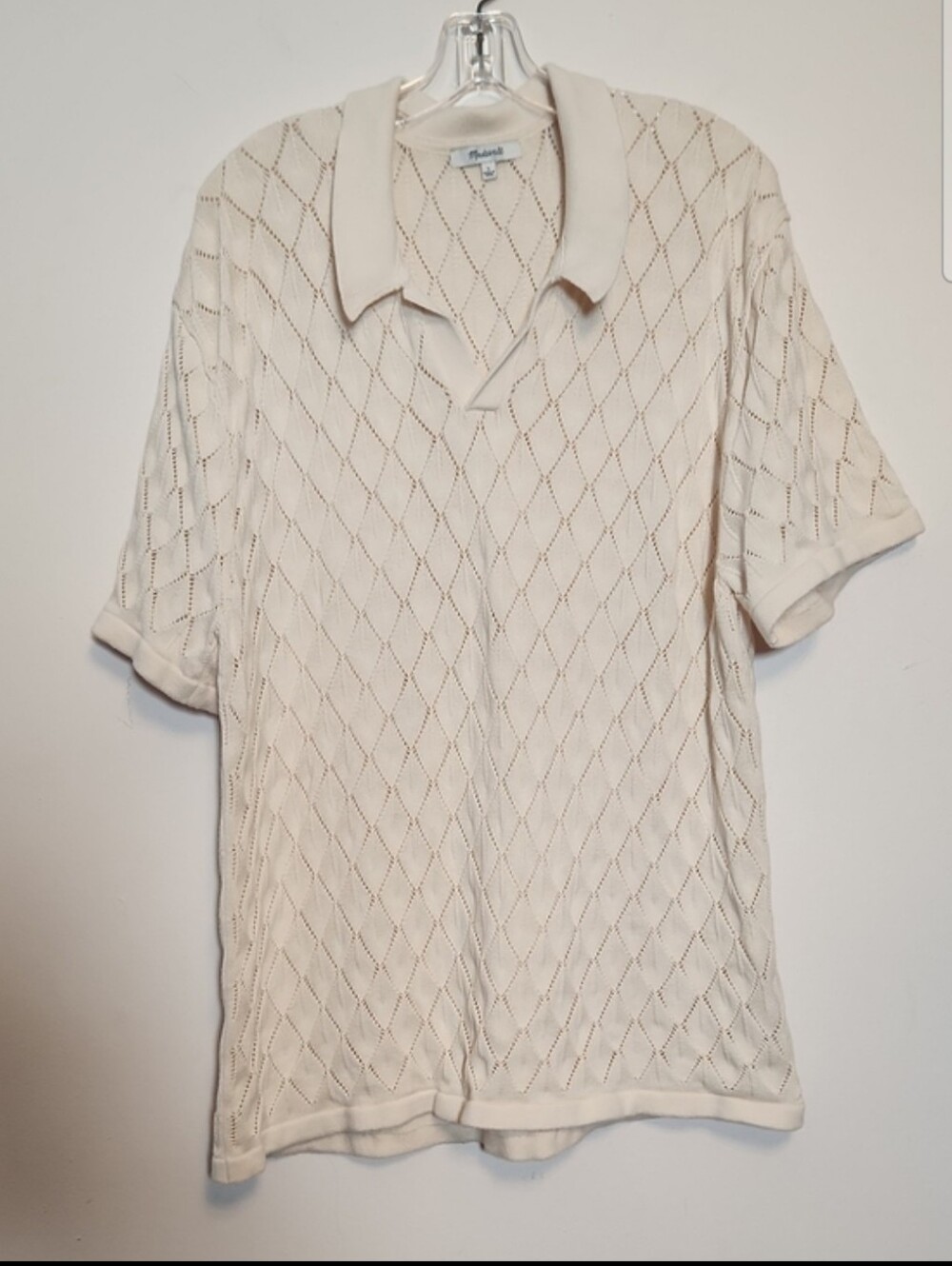 Madewell Men's Cream Diamond Pattern Open Knit Polo Shirt Size L